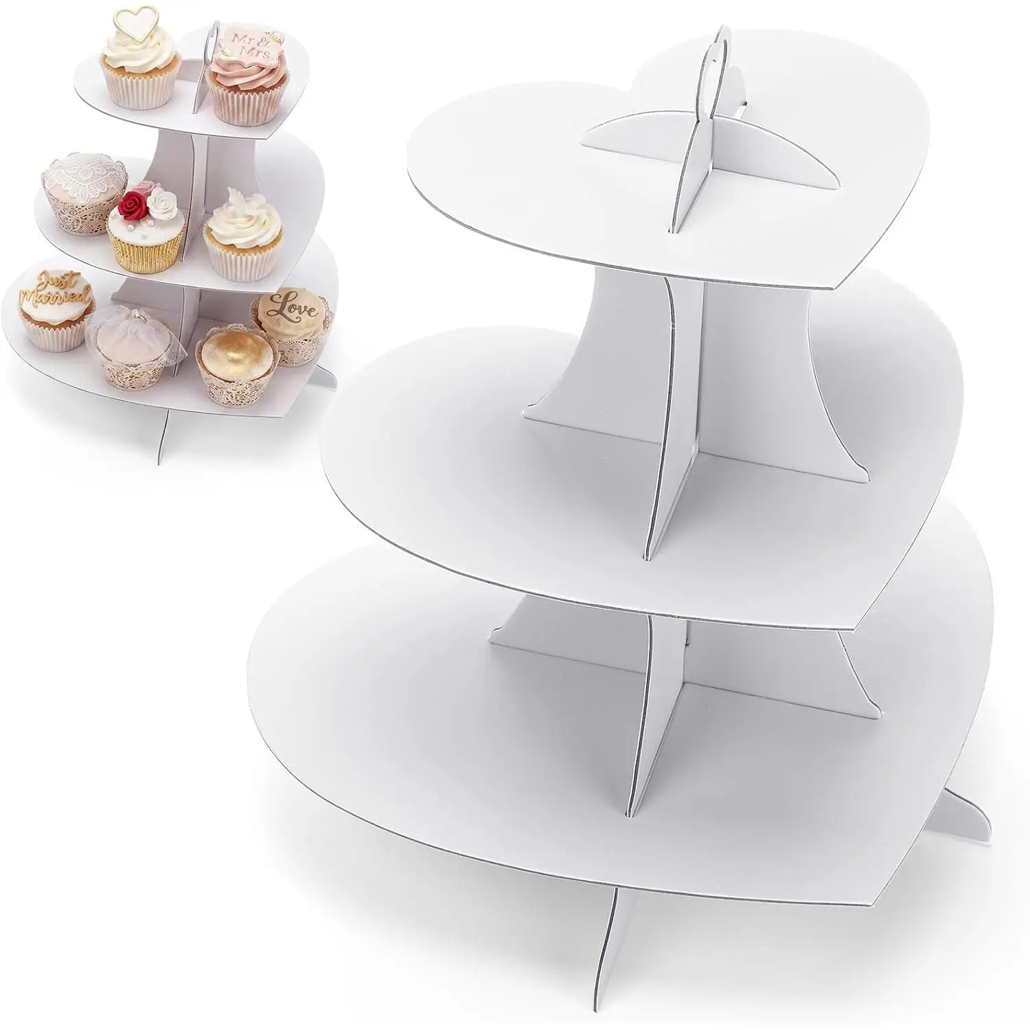 3 Tier Cardboard Cupcake Stand White Heart Cupcake Stands Disposable Cupcakes Tower Dessert Cup Cake Stand Tower Display Decoration for Wedding Anniversary Birthday Party Supplies