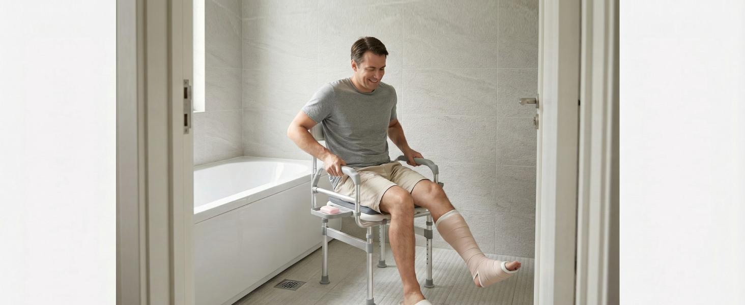 Folding Shower Chair for Inside Shower, Tub and 440lb Weight Capacity - Foldable Shower Chair for Elderly and Disabled - Shower Seat with Arms, Back, Cushion and Shelf