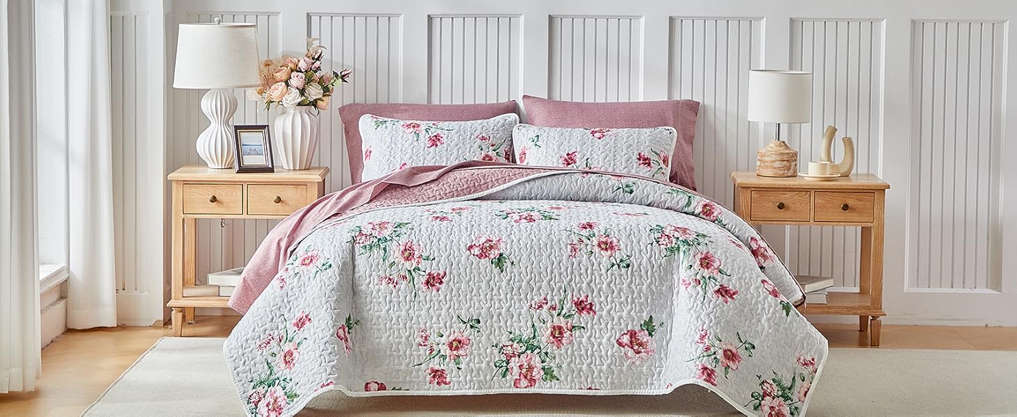 Floral Set 3 Piece Flower Sets Queen Size - Reversible Microfiber with 2 Shams Soft Breathable Botanical Bedding Bedspread Coverlet Summer Comforter All Season Purple Leaves