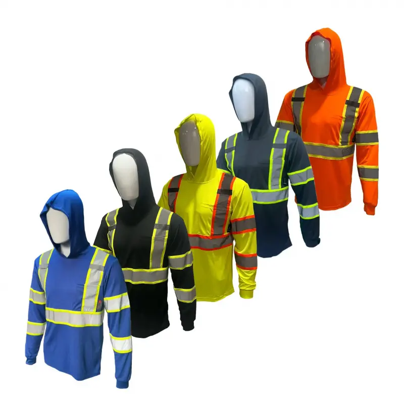 5-Pack High-Vis Hooded Safety Shirts, Unisex Long Sleeve All-Seasons Birdseye Polyester Mesh Workwear for Construction with Reflective Tape, Safetyequipment, Hooded Shirt