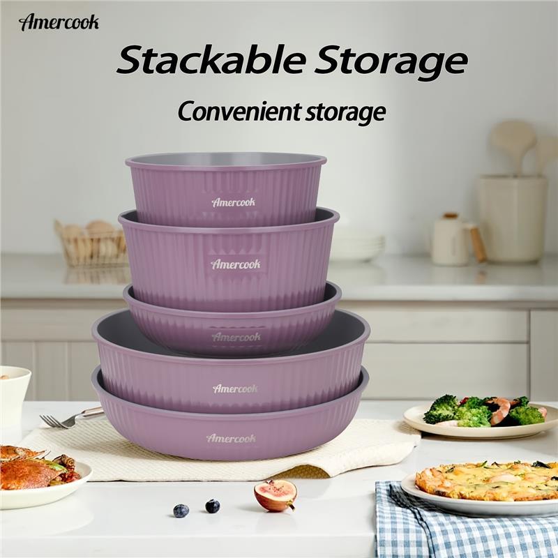 10pc Pots And Pans Set, Amercook Purple, Non-Stick Kitchen Cookware Set With Removable Handles, Aluminum, Dishwasher Oven Safe, Includes, Deep Frying Pan, Skillet, Stock Pot, Silicone Spatula With Lid, PFOA-Free, Works With All Kitchen