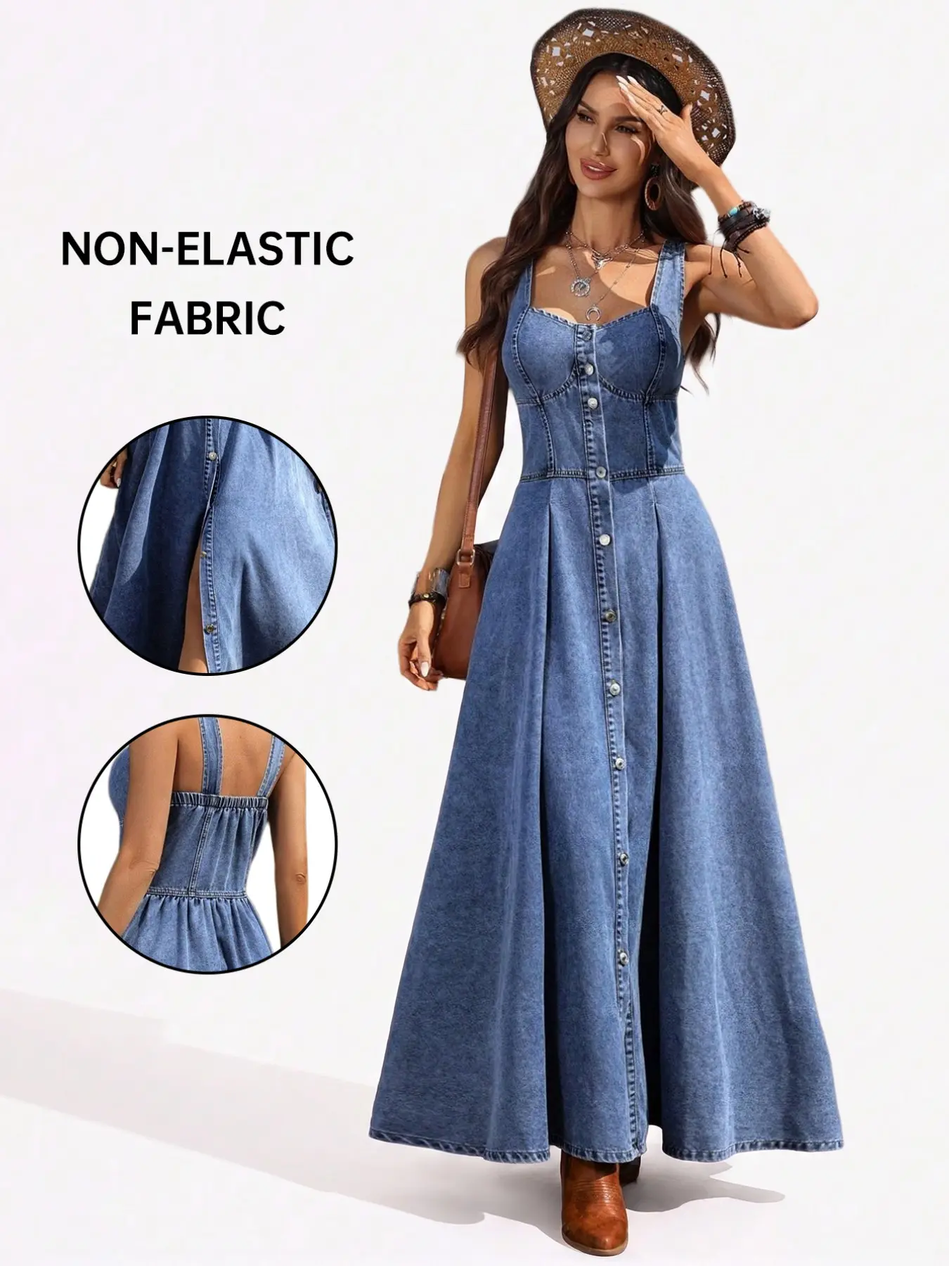 Women's Sleeveless Denim Dress, Casual Long Plain Design, Button, Breathable Unlined Style, Ideal for Daily Wear, Camping, Outdoor Travel, Summer