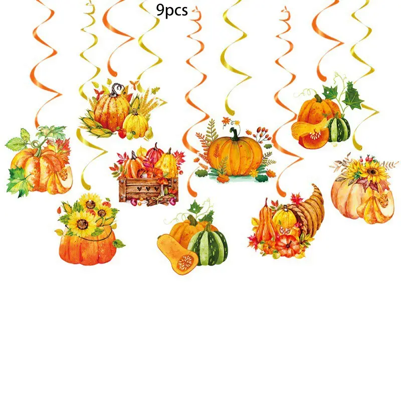 9-Pack Thanksgiving Party Decor Spiral Hanging Ornaments, Fall Festival Maple Leaf Pumpkin Decor, Indoor Outdoor Home Decoration Gifts