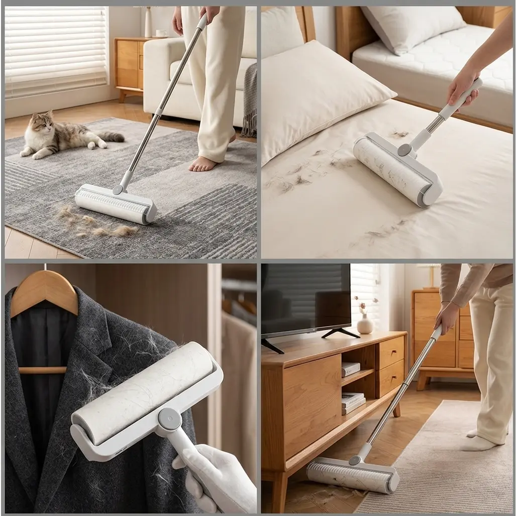 New Retractable Long-Handle Lint Roller - Large, Super Sticky Roller for Floors, Bedding, Furniture, and Clothes - Effectively Removes Pet Hair, Human Hair, and Dust