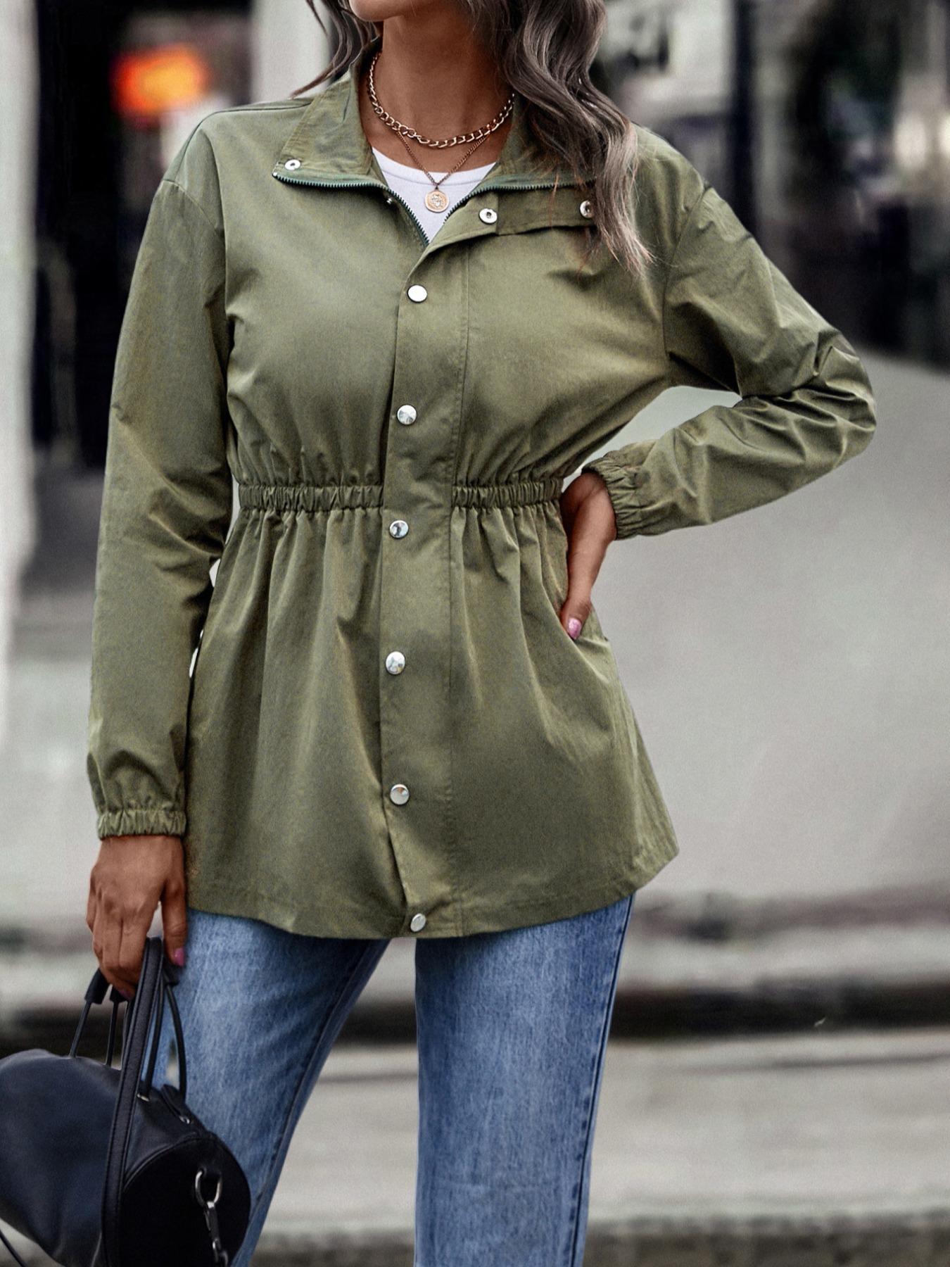 Women's Solid Woven Fabric Fitted Button Front Collar Jacket Coats, Casual Long Sleeve Outerwear for Spring & Fall, Ladies Clothes for Daily & Everyday Wear, Womenswear