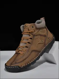 Men's Multi-Color Premium Handmade Stitched Leather Boots, High-Quality Durable Non-Slip Closed Ankle Work Boots for Outdoor & Daily Wear