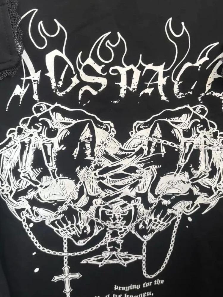 Yabi Hottie Gothic Dark Vintage Tops Subculture Y2k Print Short Sleeves Loose T-shirt Women Black Casual Clothes 2000s Chic Tees