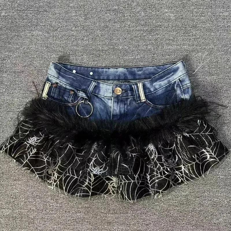 Y2K Gothic Grunge Denim Skirts Women Subculture Retro Punk Print Mini Skirt Vintage Streetwear Fashion Faux Fur Patchwork Skirt