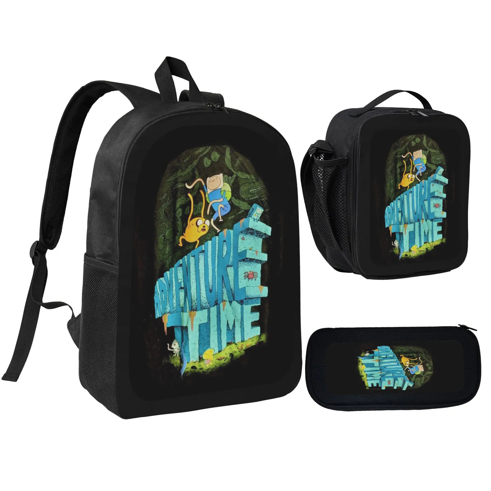 Unisex Teens Large Capacity 3pcs Adventure Time3 Backpack Set, Anime School Bag with Adjustable Shoulder Straps, Backpack Lunch Bag Pencil Case Combo for Boys Girls