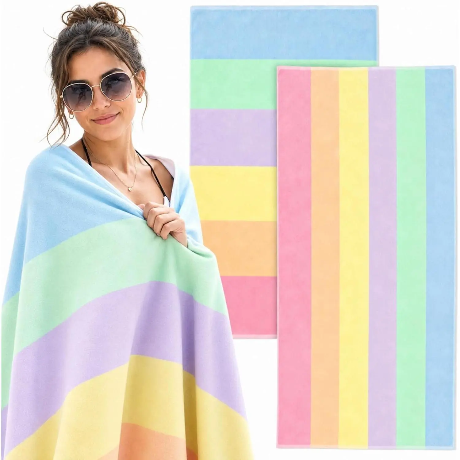 2 Pack Pastel Striped Beach Towel for Women 35 x 60 Inch Quick Dry Microfiber Pool Towels, Lightweight Soft Absorbent Bath Towels for Women Adults Travel Swimming Camping Yoga