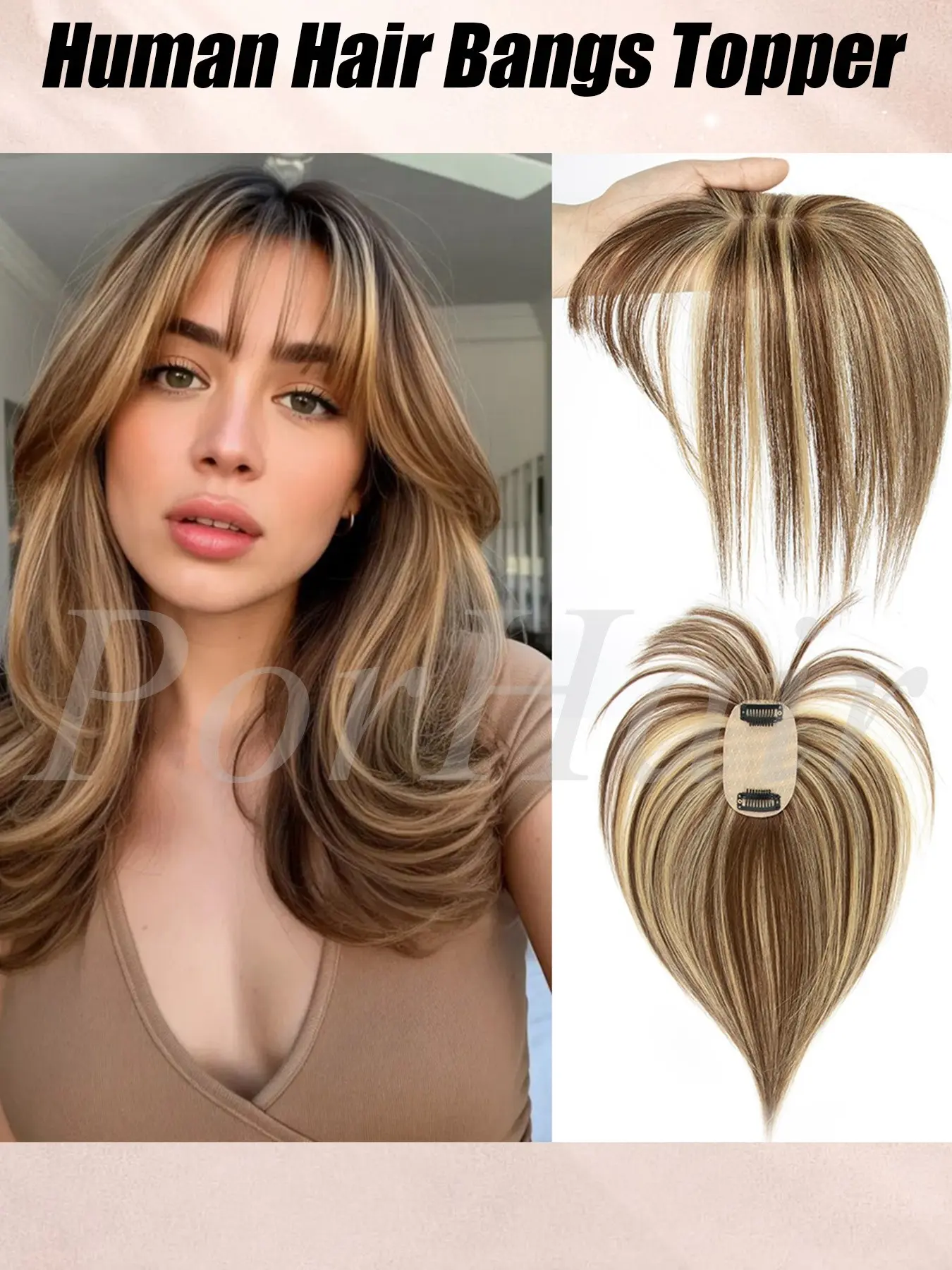 Highlights Brown Human Hair Topper With Bangs Women 5cmX9cm Black Brown Blonde Human Hairpieces Straight Skin Scalp Clip in Topper Hair Pieces Human Hair For Thinning Hair