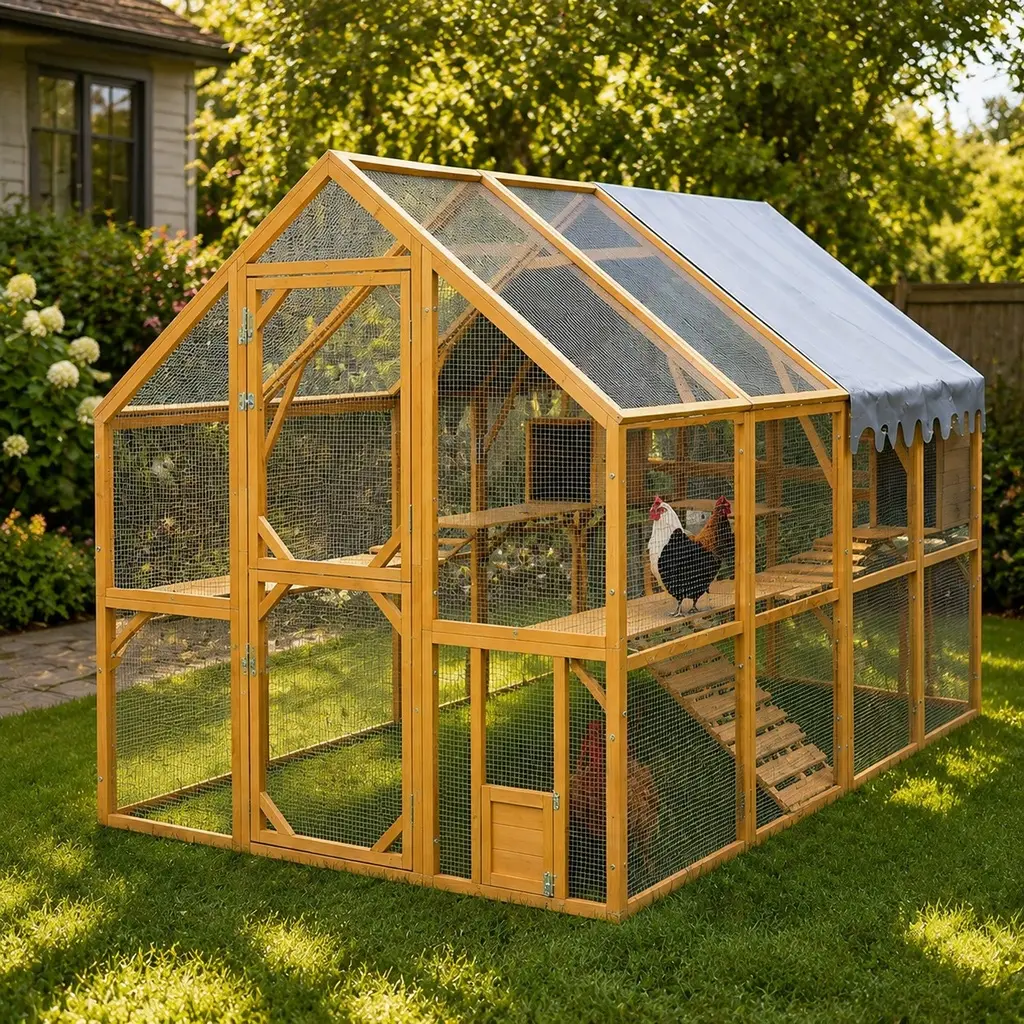 ARCH Large Outdoor Cat Enclosure Walk-in Chicken Coop Playpen, 110" Kitten Pen with Waterproof Cover, Wood Yellow for Cats Kittens Chickens Pets Outdoor Yard Use, 56.54 sqft Spacious Activity Area