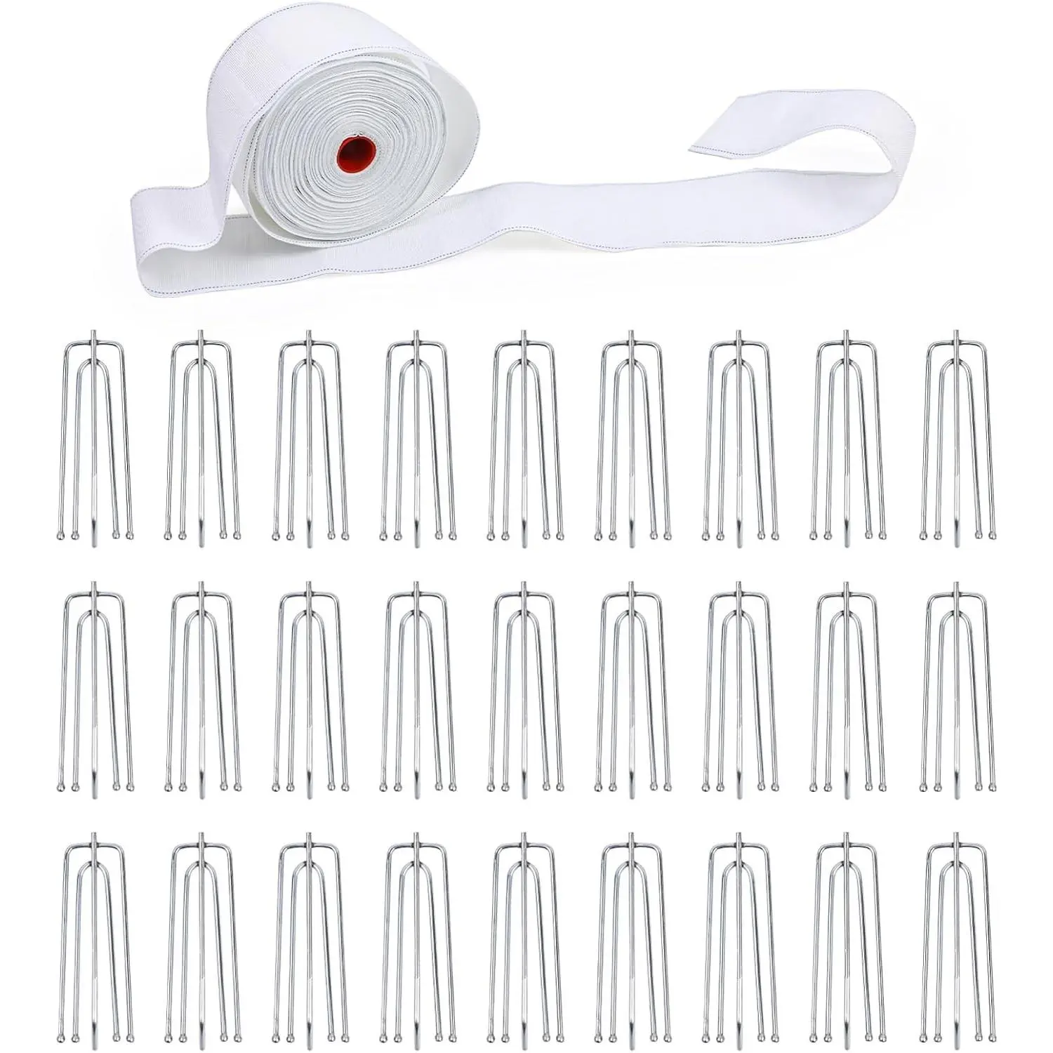 Curtain Pleat Tape, 11 Yards Pleater Curtains Tape with 50 Pcs Stainless Steel Pleater Hooks with 4 Prongs, Pinch Pleat Curtain Drapes Tape for Handmade DIY Pleated Curtain