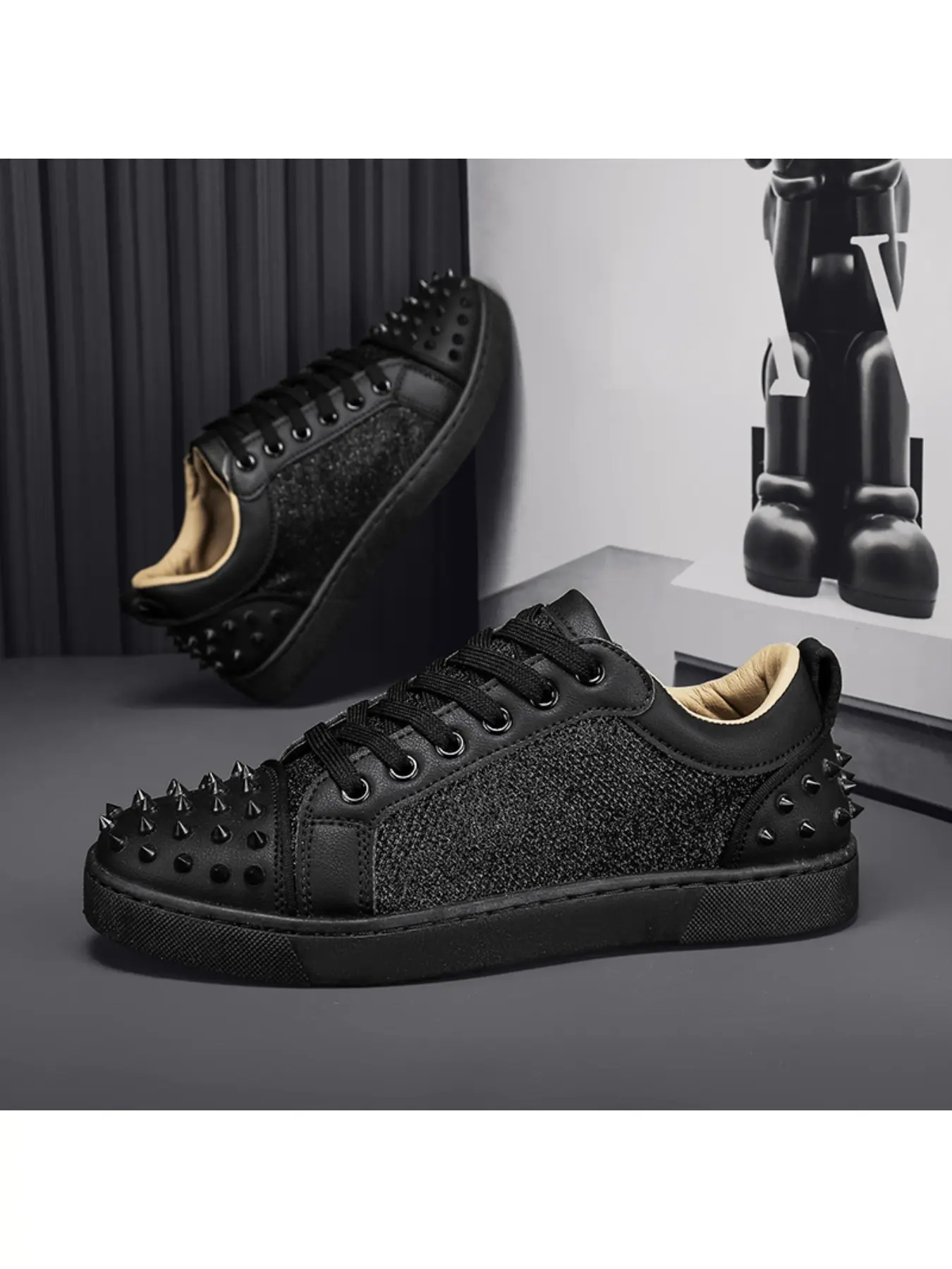 Spring New Punk Style Rivet Board Shoes Sneaker for Men, Block, Glossy Rhinestone, Low Top, Soft Sole, Anti-Slip, Trendy Casual Flat Shoes