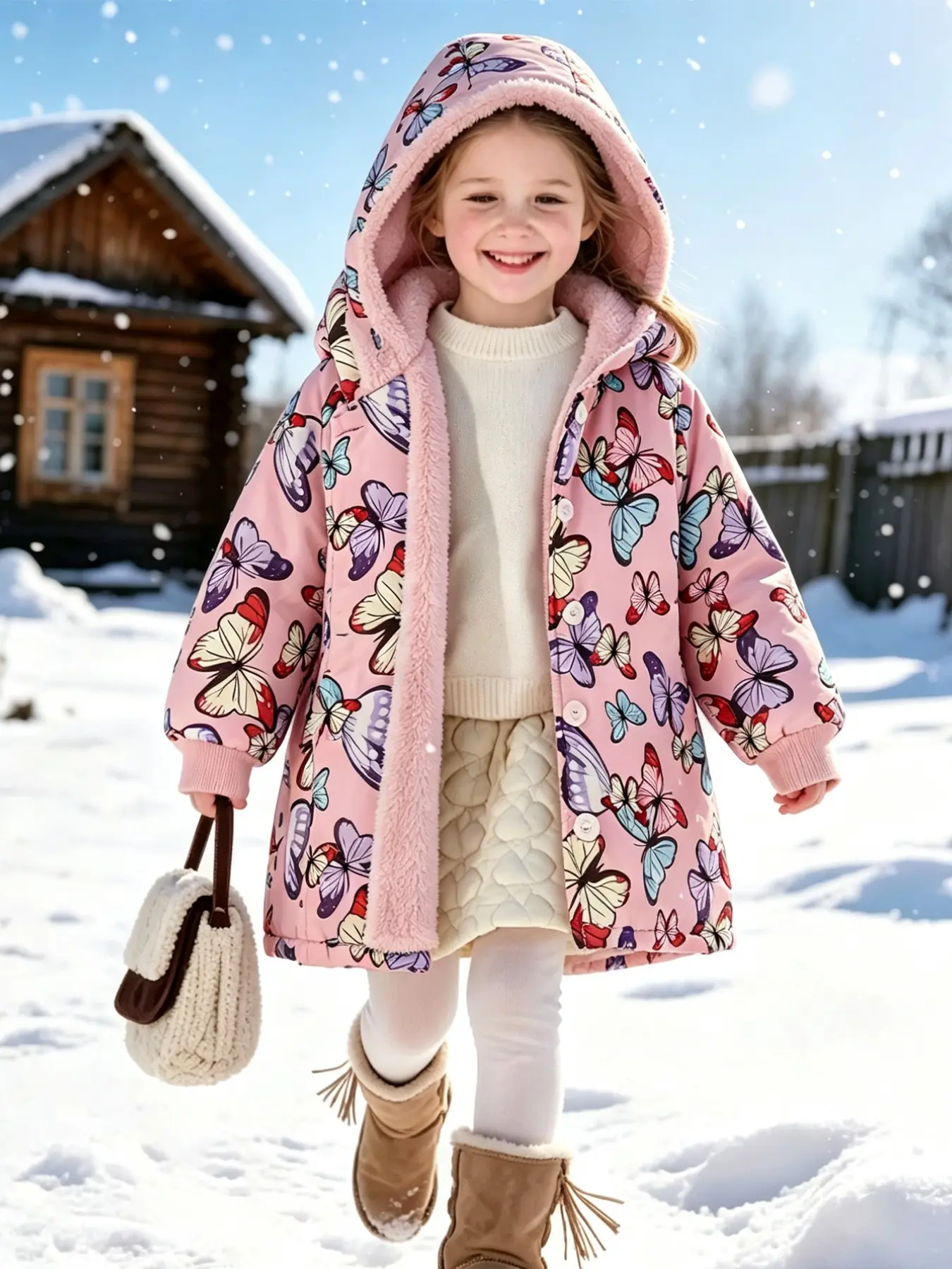 Girls' Hooded Fleece Jacket, Butterfly Print, Mid-Length, Thick Warm Outerwear, Fall & Winter, Casual Slim Fit, Outdoor Clothing