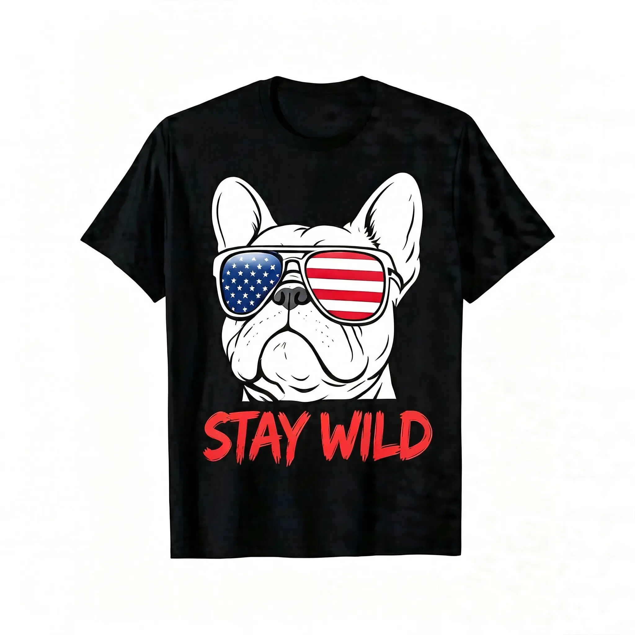 Men's Short-Sleeve Sports T-Shirt, Teen Streetwear Black Tee with Patriotic French Bulldog, USA Flag & Sunglasses Print