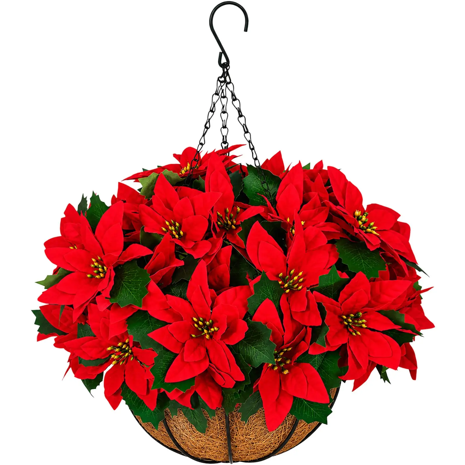 2 Piece Artificial Poinsettia Christmas Hanging Baskets, 12 Silk Flowers, Outdoor Indoor Decor for Porch, Garden, Yard, Home