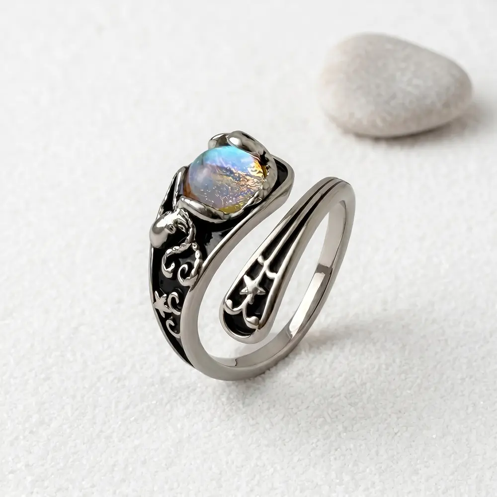 European and American vintage octopus moonstone ring, simple Bohemian style marine animal adjustable open ring