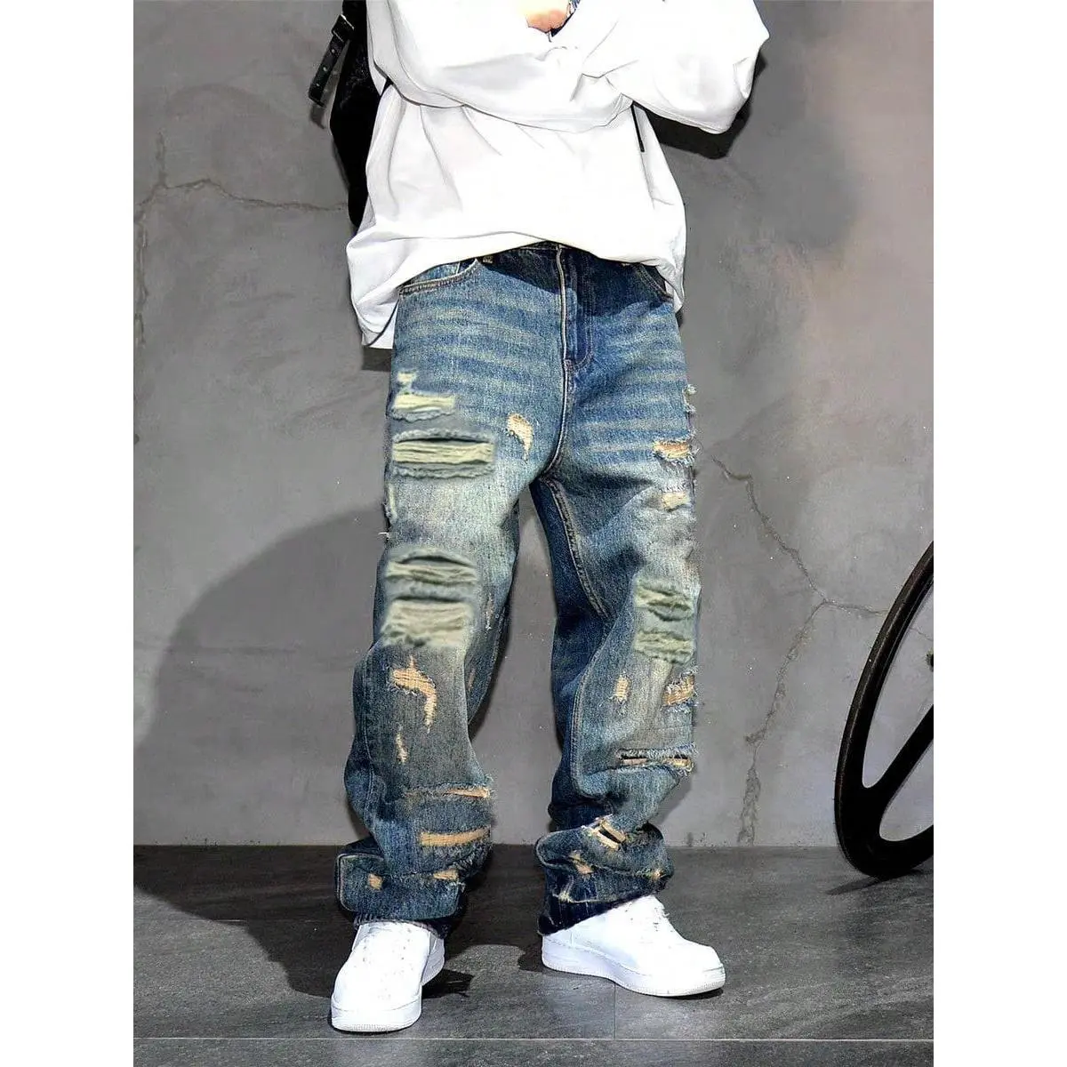 Men's Plain Ripped Distressed 90s Straight Leg Denim Pants - Acid-Washed, Minimal Distressed, Baggy Loose Streetwear Menswear, Comfortable Solid Blue, Machine Washable, Spring Autumn Casual, 90S Straight Leg Distressed Men's Jeans, Acid-Washed Distressed