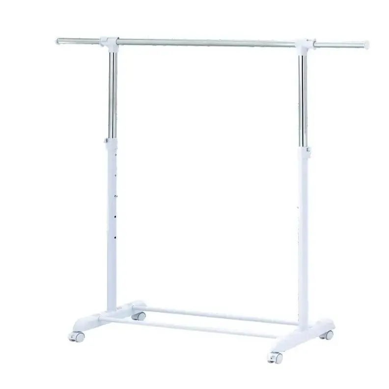 Modern Functional Wheel-Mounted Adjustable Chrome-White Metal Garment Rack, Rolling Clothing Rail with Wheels for Easy Mobility, Versatile Home/Office Laundry Drying Use