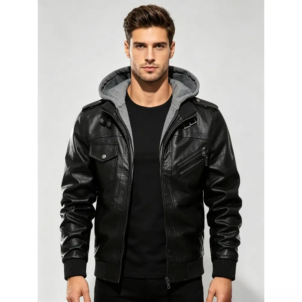 Men's Stylish PU Zip Up Hooded Jacket - Perfect For Fall & Winter Outdoor Cycling! Men's PU  Jacket Motorcycle Jacket  Moto Vintage Bomber Hoodie