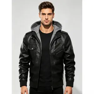 Men's Stylish PU Zip Up Hooded Jacket - Perfect For Fall & Winter Outdoor Cycling! Men's PU  Jacket Motorcycle Jacket  Moto Vintage Bomber Hoodie