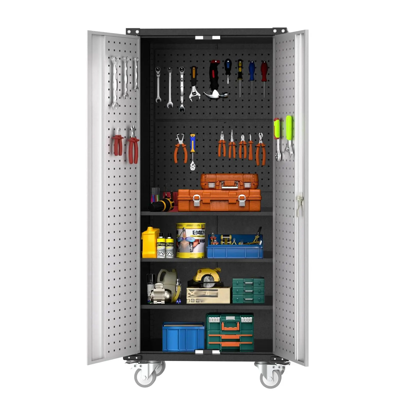Heavy Duty Metal Storage Cabinet with Wheels, 71" Tall Steel Locker with Lock. 4 Adjustable Shelves, 120lbs/Shelf Capacity. Rolling Tool Cabinet for Garage, Office, Workshop. Rust-Resistant, 180° Open Doors. Large Capacity Organizer