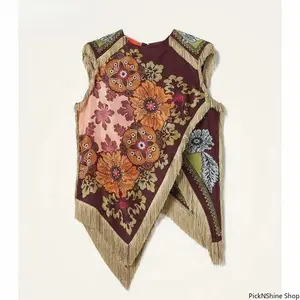 Women's Bohemian Vintage Floral Sleeveless Asymmetrical Fringe Trim Cross Split Blouse - Wine Women's Clothes, Tassel Vest for Summer Music Festival, Country Concert Outfits