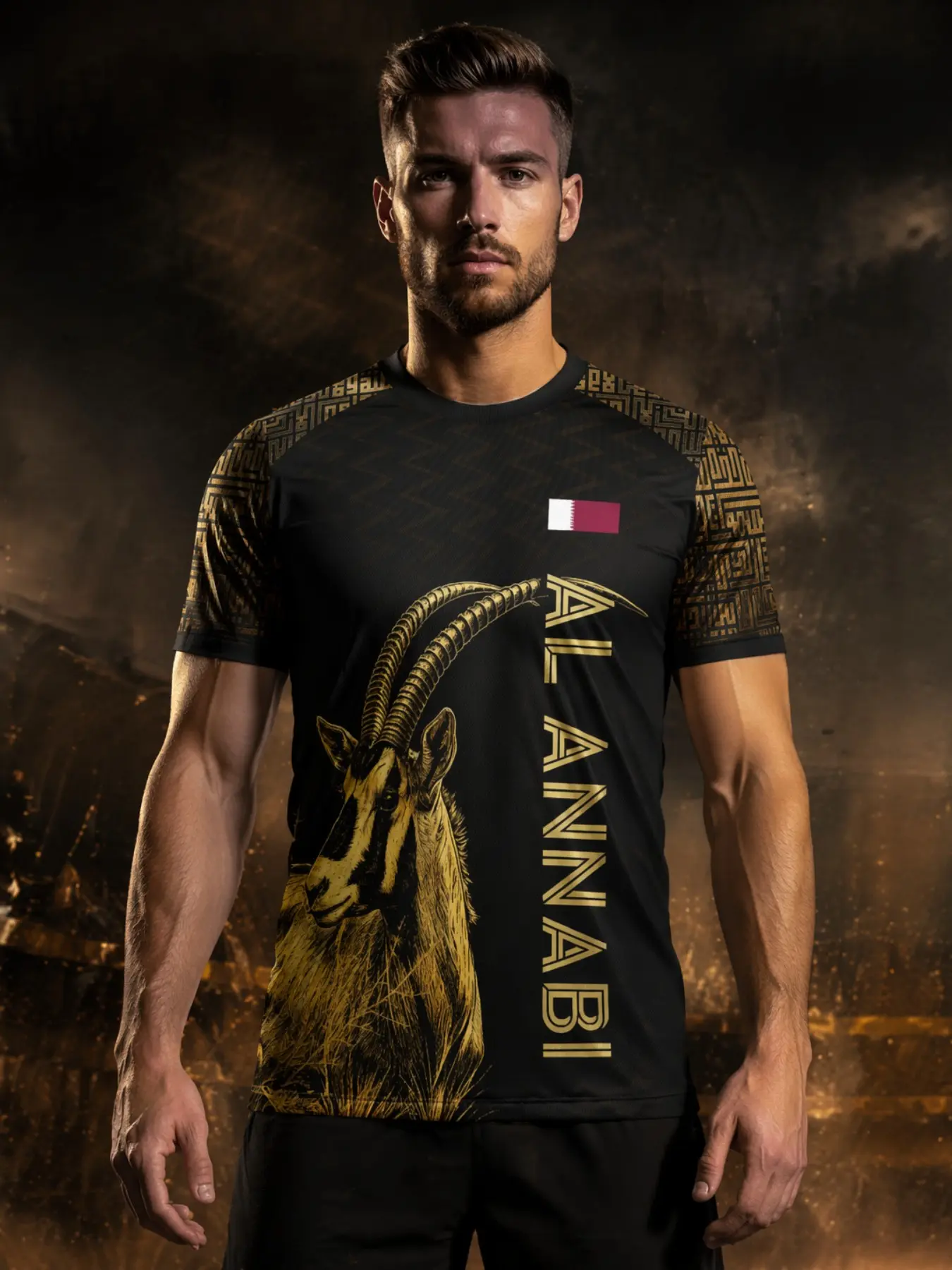 Qatar Gold Fan Jersey, Arabic Oryx Golden Retro Print, Geometric Sleeve Design, Quick-Dry Breathable Fabric, Casual All-Season T-Shirt