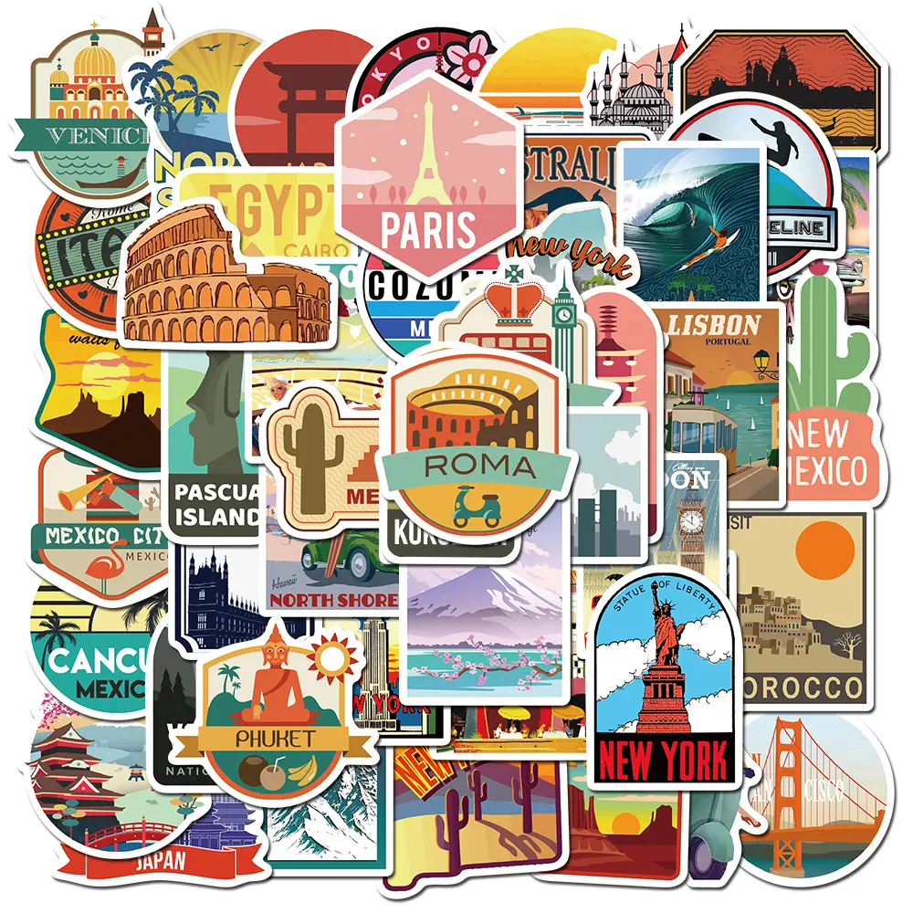 Waterproof Travel City Scenery Graffiti Stickers, Luggage Handle Box Decals, Scooter & Laptop Waterproof Sticker Set