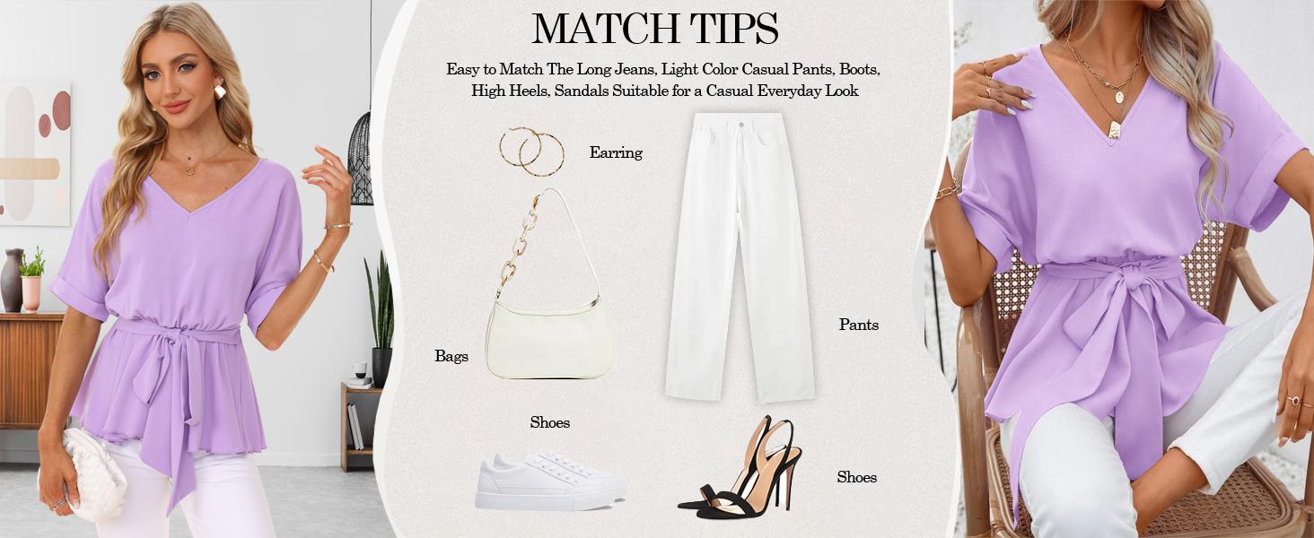 FMEYOA Womens Fashion V Neck Blouse Short Sleeve Belted Casual T-Shirts Basic Tee Tops