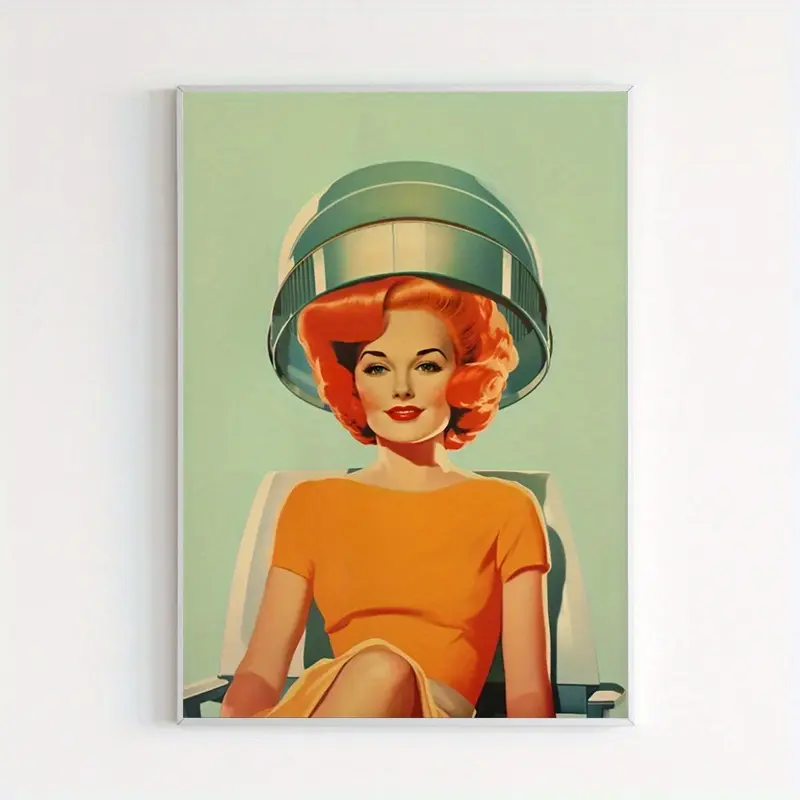 12x16 Inch Vintage Hairdresser Wall Art Canvas Poster - Retro 1950s-60s Beauty Salon Decor with Orange-Red Curls & Yellow Dress, Mid-Century Modern Art Deco Style for Living Room, Bedroom, Kitchen, Bathroom