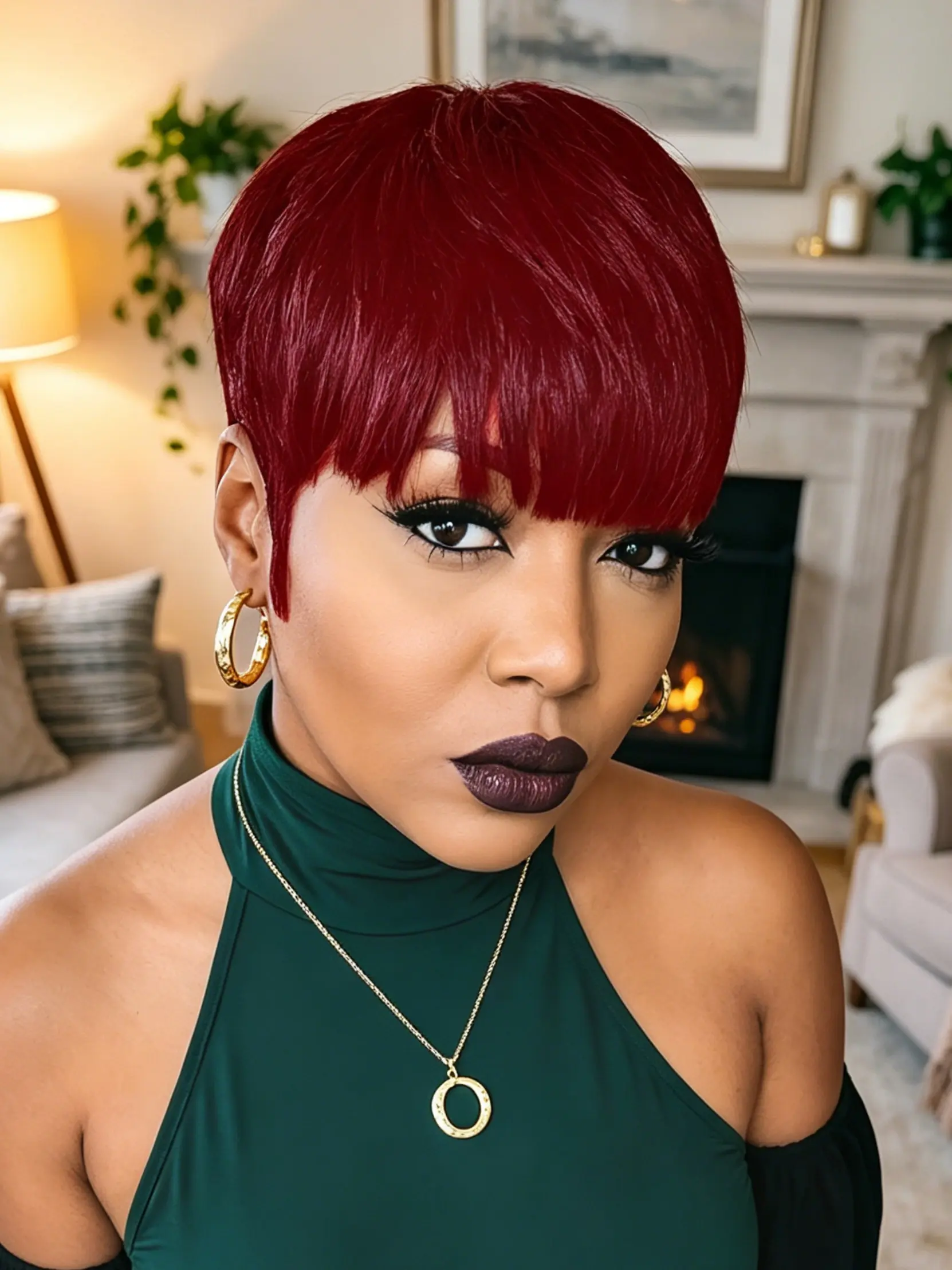 99J Burgundy Pixie Cut Wigs With Bangs Human Hair Wigs for Women Full Machine Made Wigs Daily Wear