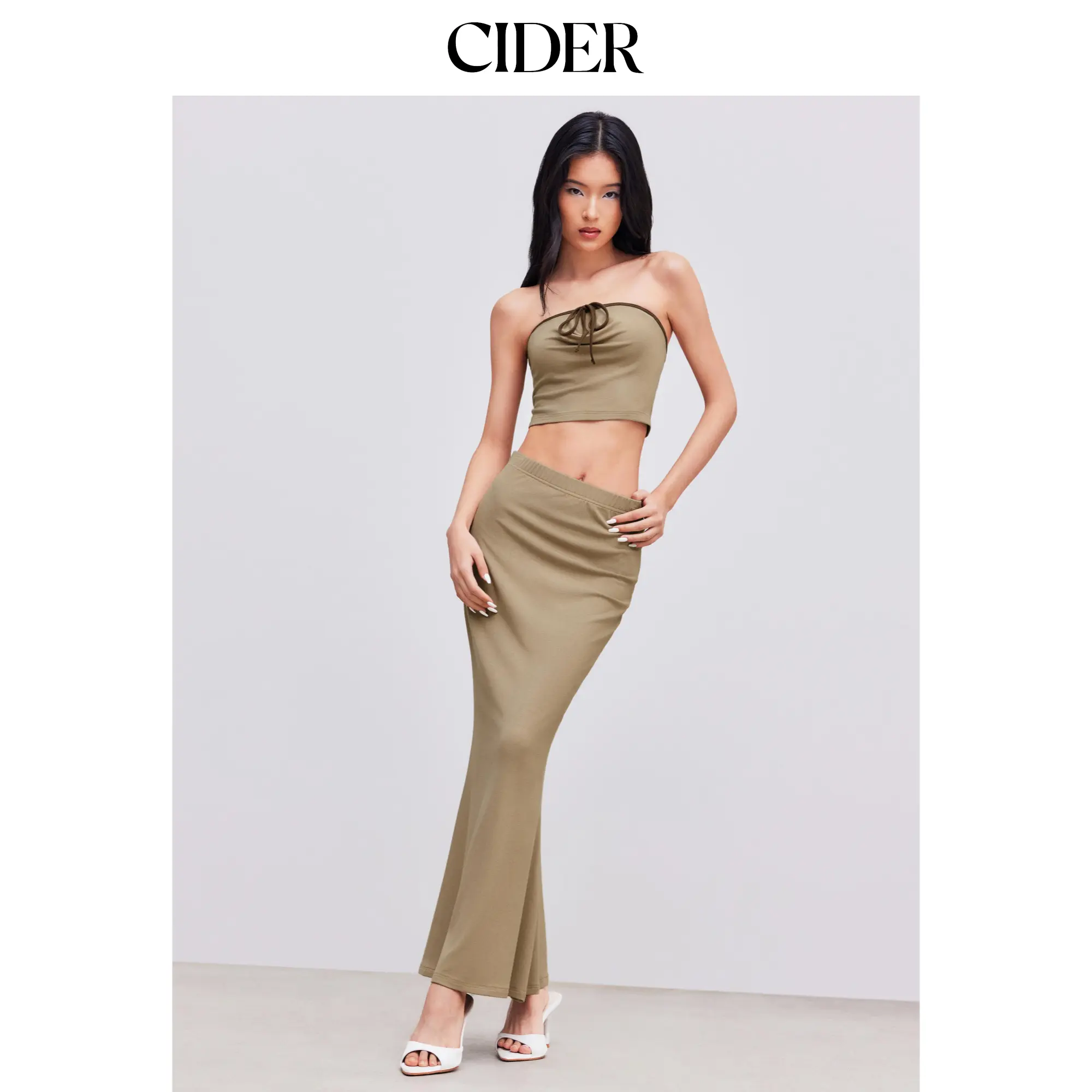 Cider [size 2-10] Contrasting Binding Knotted Crop Tube Top & Mid Rise Maxi Skirt