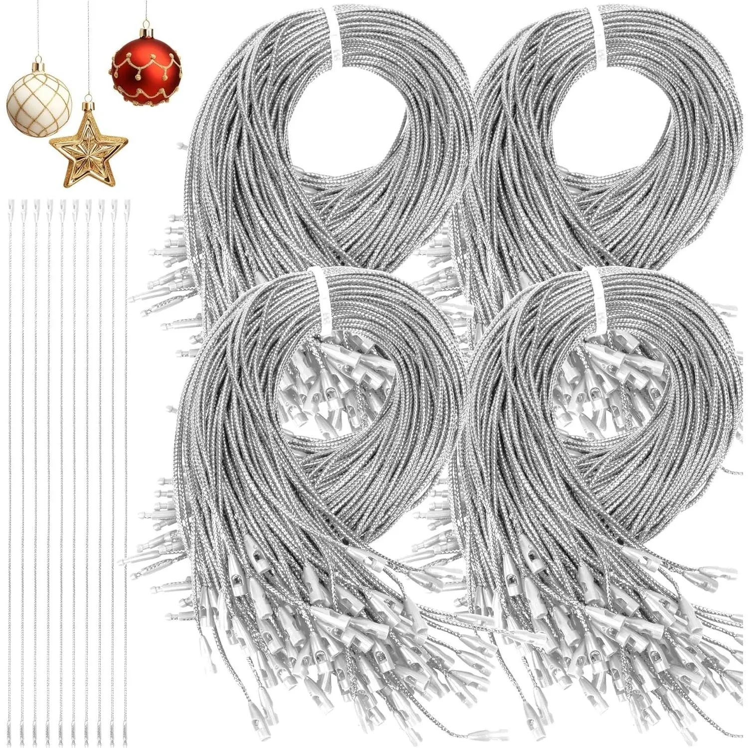 480 Pcs Christmas Ornament Hooks, Ornament Hangers with Snap Ornament String for Christmas Tree Holiday Party Hanging Ribbon Decorations Ropes Easy and Fast Locking(Silver)