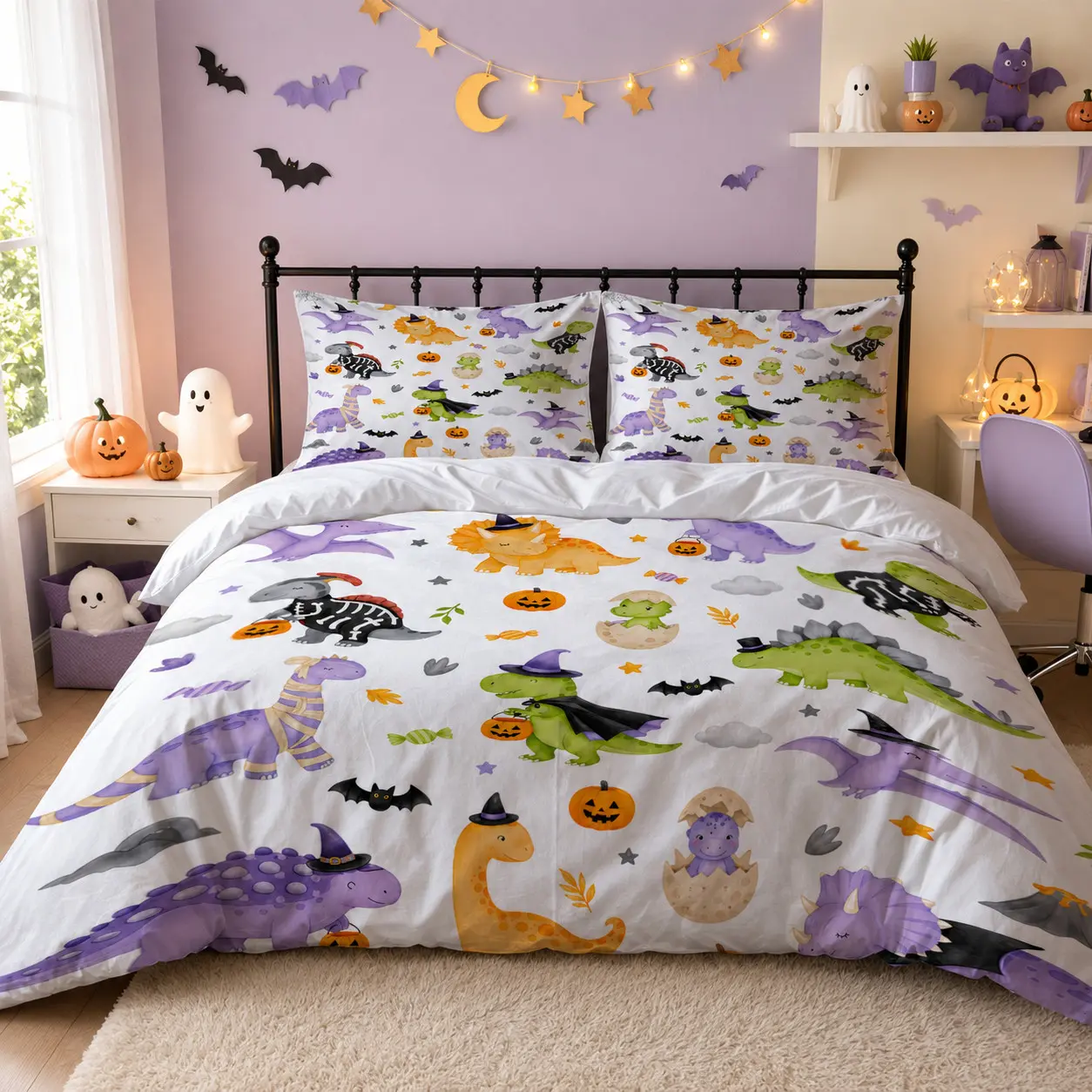 3Pcs Cute Cartoon Dinosaur Pumpkin Bat Halloween Print Duvet Cover Set, Kawaii Spooky Bedding with 1 Duvet Cover and 2 Pillowcases, No Comforter, Colorful Bedroom Decor for Dinosaur Lovers, Apartments, Dorms and Guest Rooms