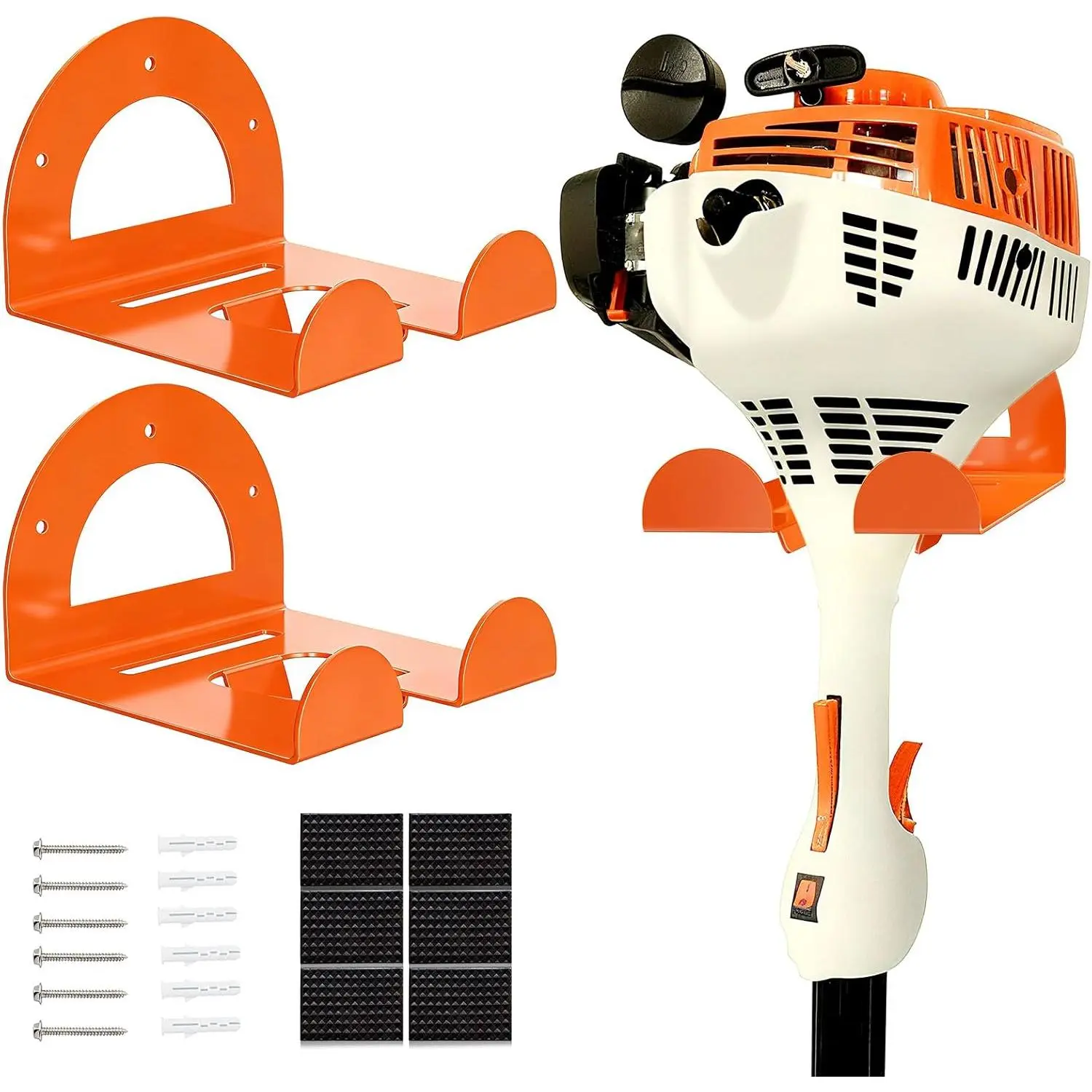 2-Pack Heavy-Duty Weed Eater Hanger Wall Mount Trimmer Bracket - 150 lbs Capacity Garage Organizer with Semi-Circular Guardrail, Smooth Rolled Edges, Triangular Structure, 6x EVA Rubber Pads, 6x Screws & Wall Anchors, Universal for Leaf Blower Storage
