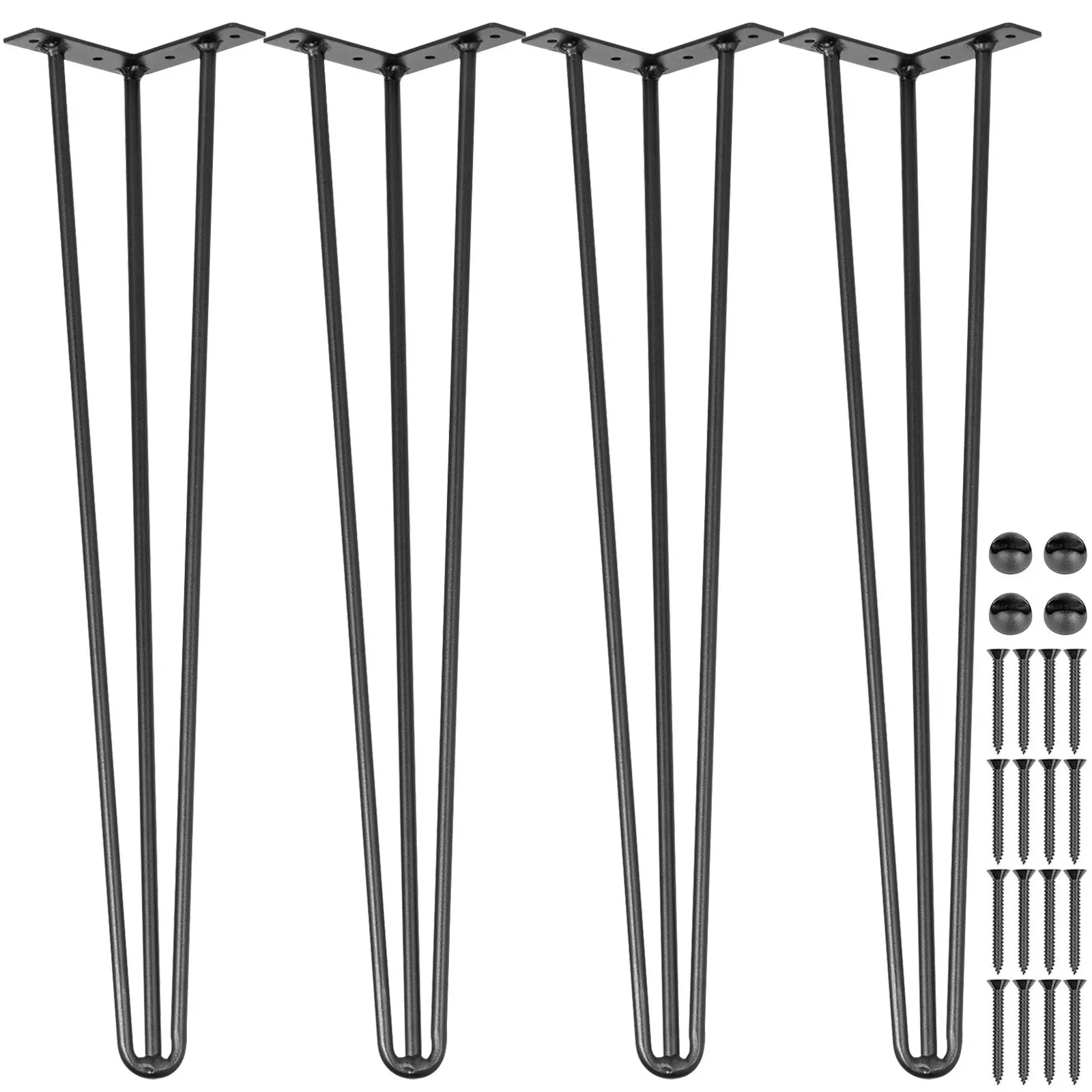 【toolupgrade】VEVOR 18-Inch Black Hair Pin Table Legs (Set of 4), 3-Rod Carbon Steel Heavy Duty Legs with 880lbs Total Load Capacity (220 lbs Each), 4 Rubber Floor Feet Floor Protectors for Desk, Bench, Dining End Table