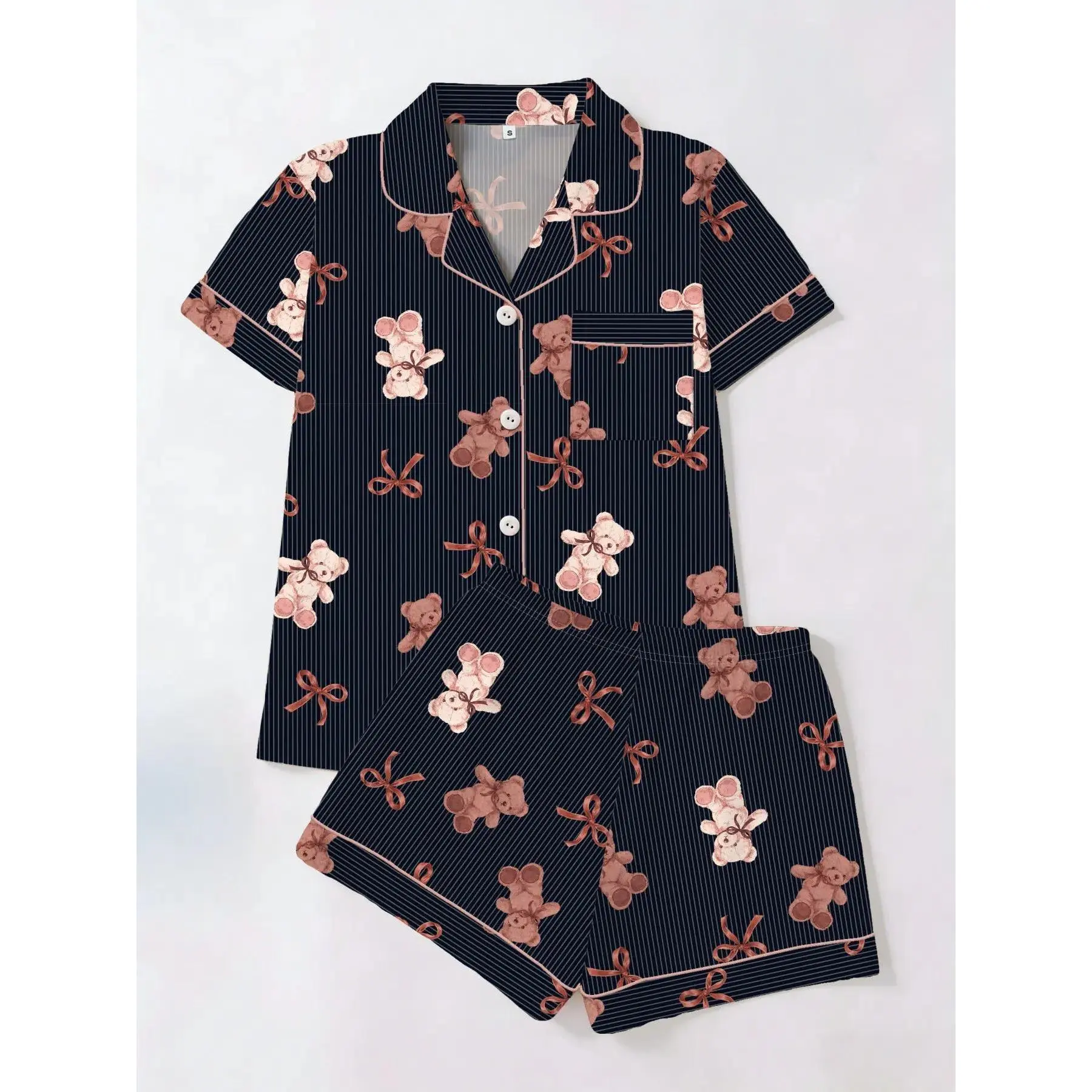 Women’s 2 Piece Striped Bear Pajama Set, Bow Print Short Sleeve Top with Shorts, Soft Comfortable Sleepwear Lounge Matching Set