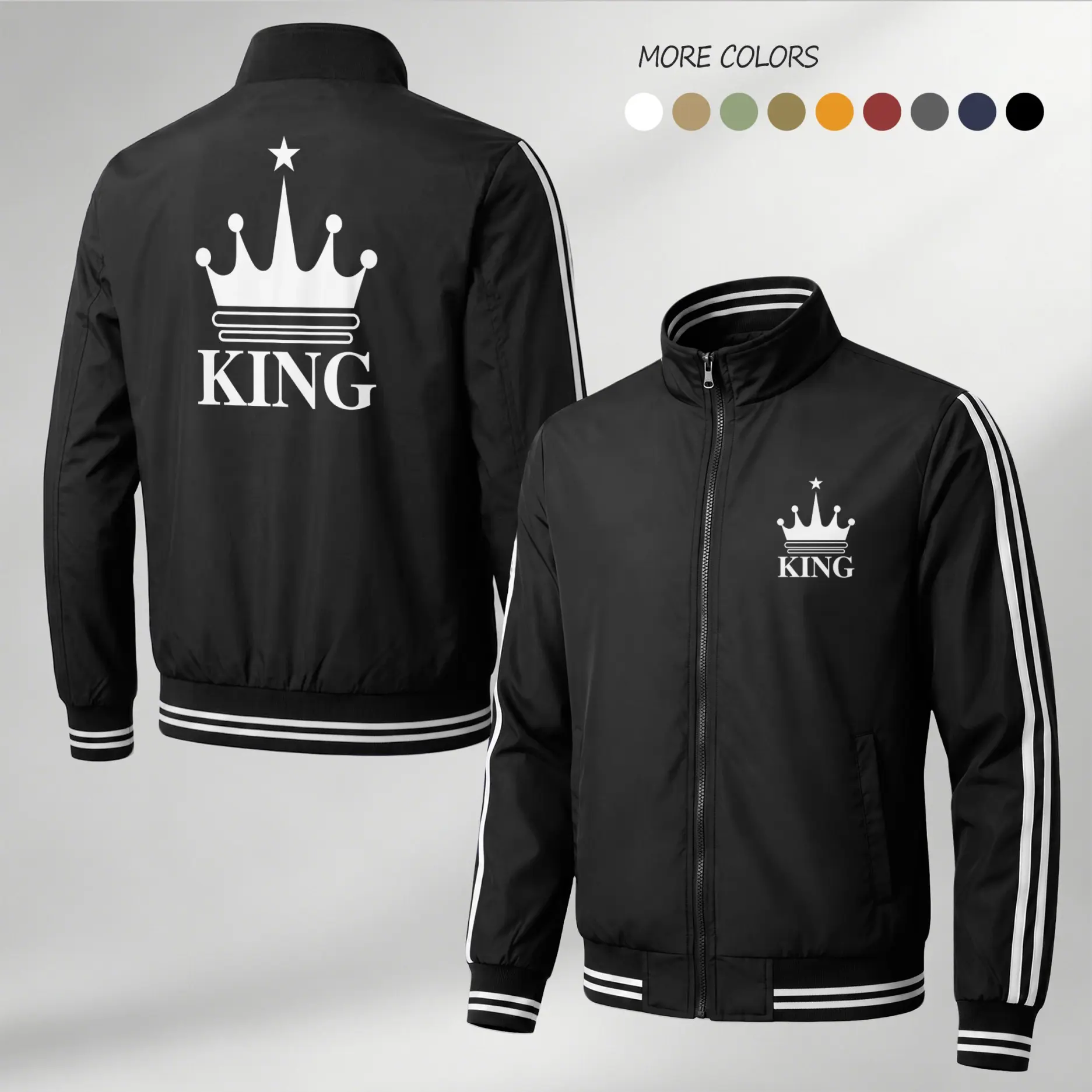 Men’s KING Crown Graphic Print Lightweight Bomber Jacket – Minimal Streetwear Flight Jacket with Royal King Logo, Crown Back Design, Full Zip Closure, Ribbed Hem & Stripe Sleeve Urban Casual Style
