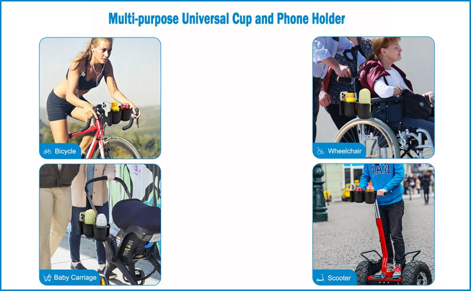 Stroller Cup Holder with Phone Holder, Bike Cup Holder, Universal Cup Holder for Uppababy Nuna Doona Strollers, 2-in-1 Cup Phone Holder for Stroller Bike Wheelchair Walker Accessory