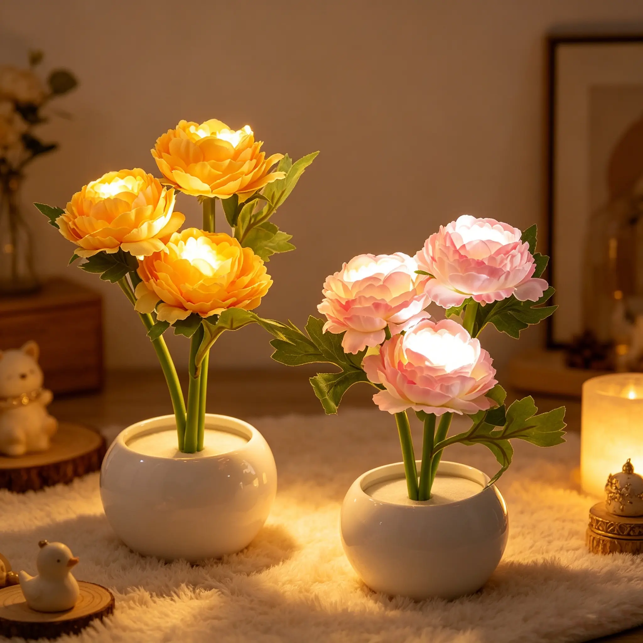 Glowing Flower Night Light, Realistic Peony with Ceramic Vase, USB Powered, Modern Home Decor, Decorative Lights, Desk Ornament, Gift for Special Occasions