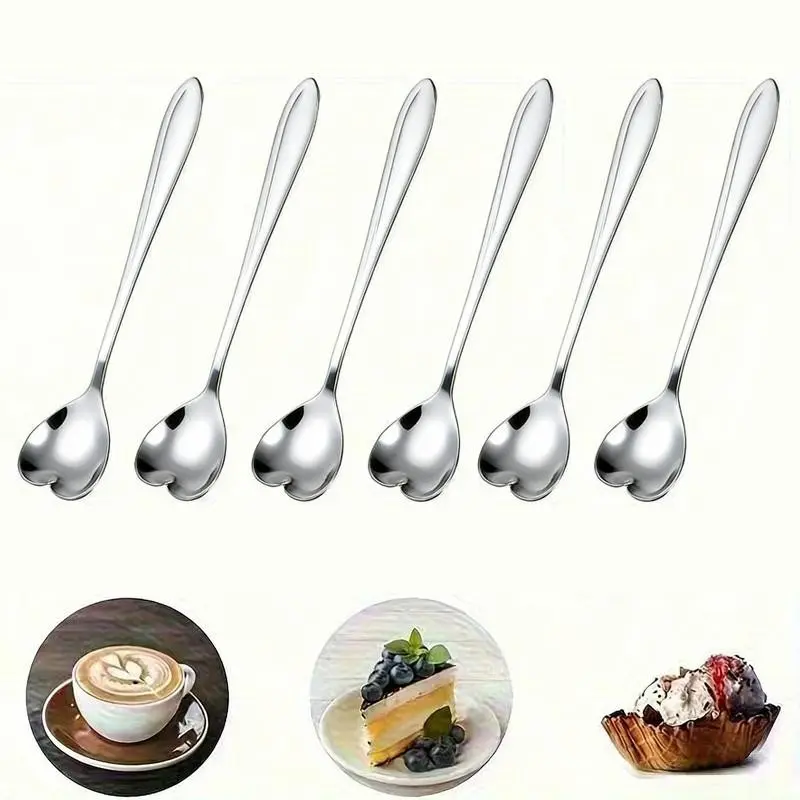 6pcs Heart-Shaped Coffee Spoon Set, Creative Design Stainless Steel Spoons, Coffee, Ice Cream & Tea Spoons, Modern Household Cutlery Set, Kitchenware & Tableware Accessories, Essential Kitchen Tools