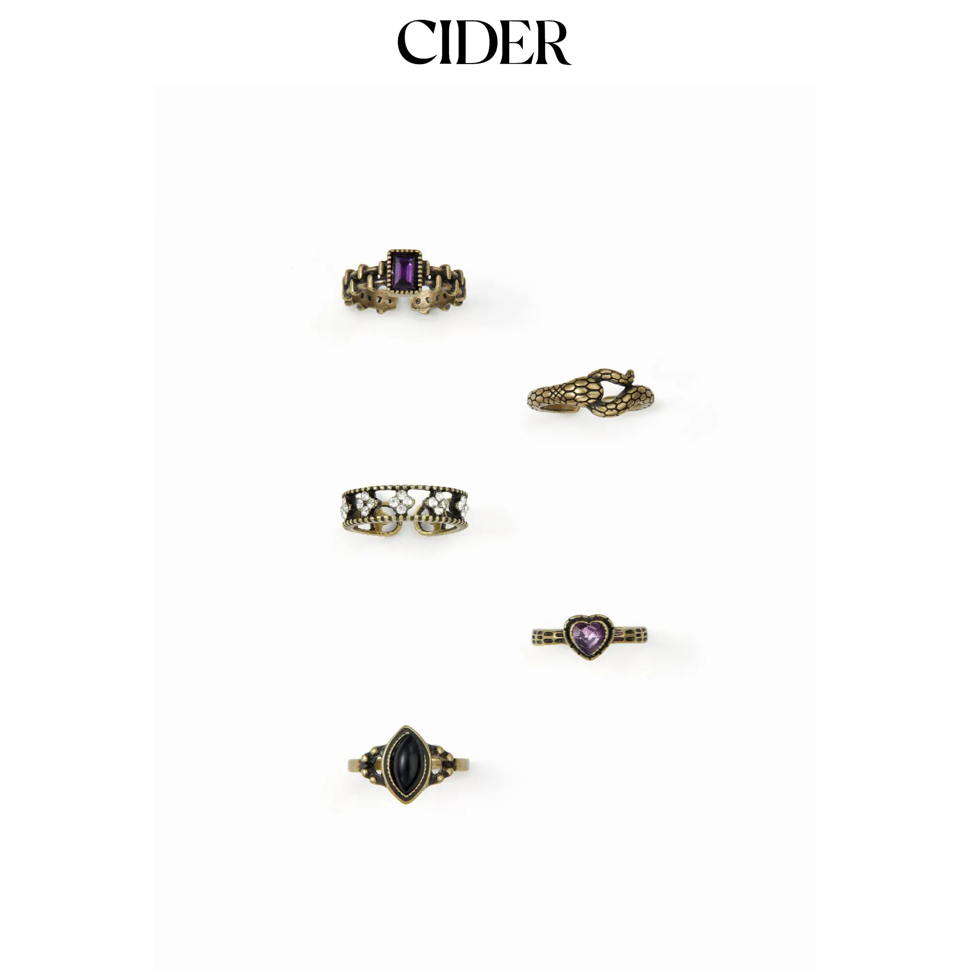 Cider 5 PCS SNAKE & HEART & RHINESTONE RING SET Cider 5 PCS SNAKE & HEART & RHINESTONE RING SET