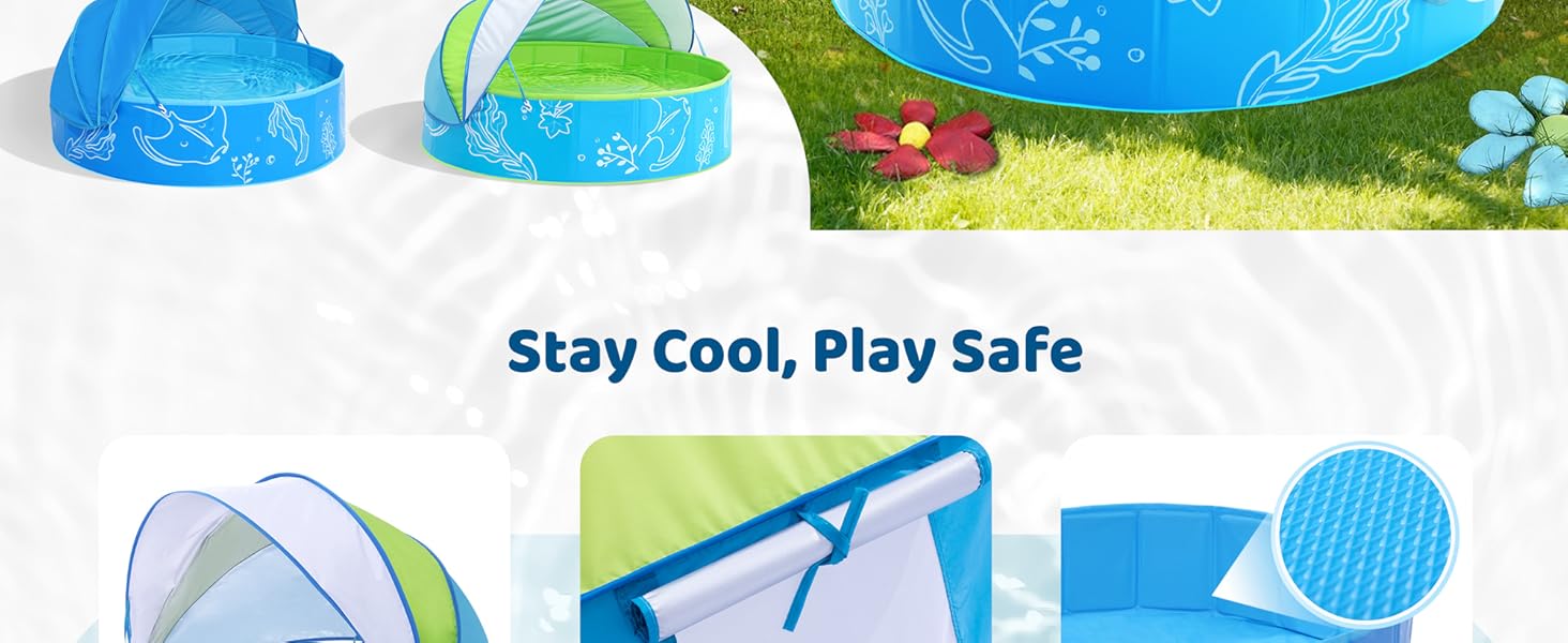 Foldable Kiddie Pool with Canopy: 47in Baby Pool and Beach Tent for Toddlers Infants 6-12 Months and Kids 2-4 Years Old - Portable Water Play with Shade for Outdoor Backyard Beach (Blue-Blue)