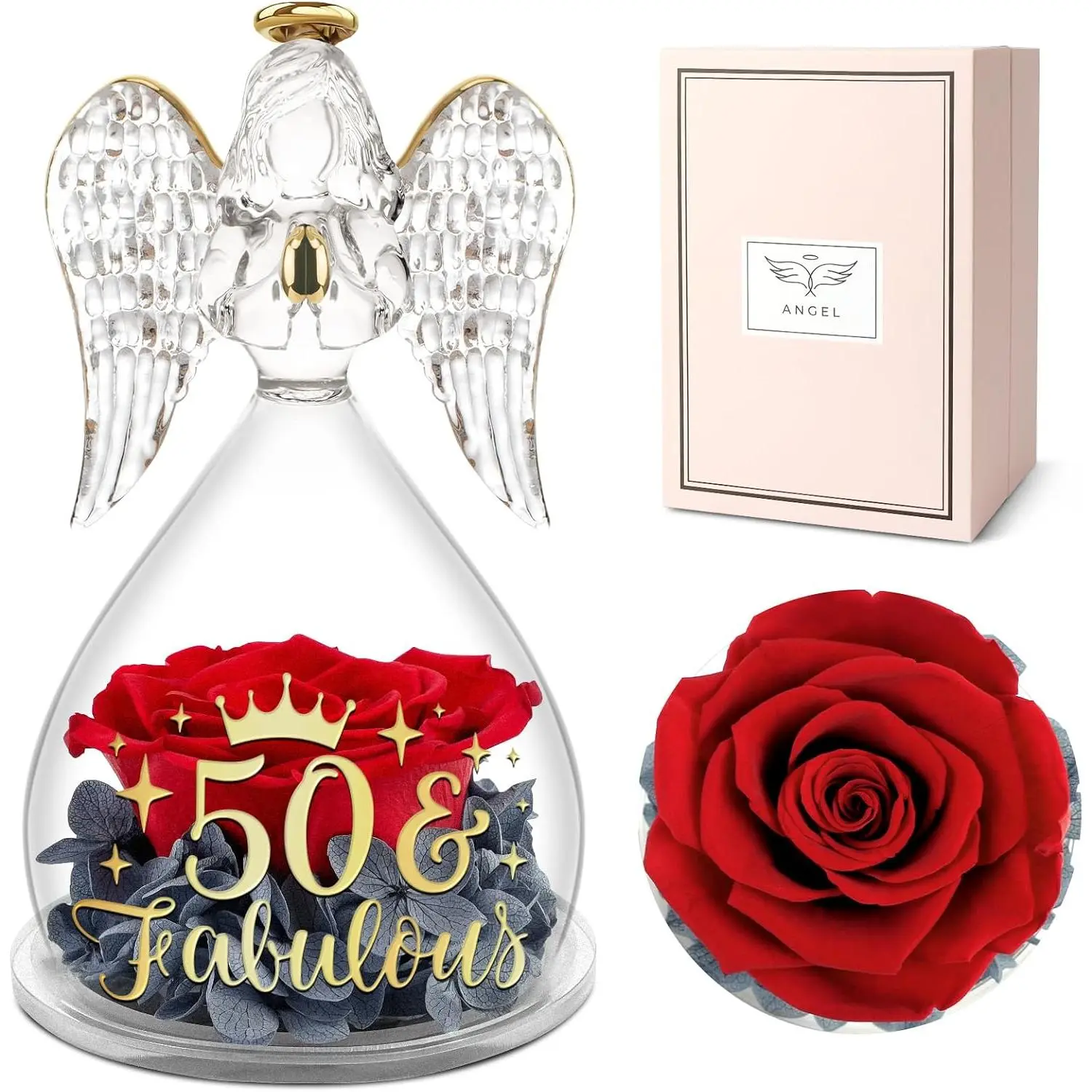 Angel Rose Figurines 50th Birthday Gifts for Mom, Preserved Red Real Rose Glass Angel Gifts for 50 Gifts Set for Women  Coworker Sister Wife Mom Aunt Grandma Bestie