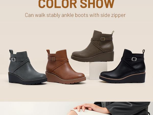 Athlefit Women's Wedge Ankle Boots Fashion Platform Lug Sole Buckle Short Booties with Side Zipper Girl Walking Shoes