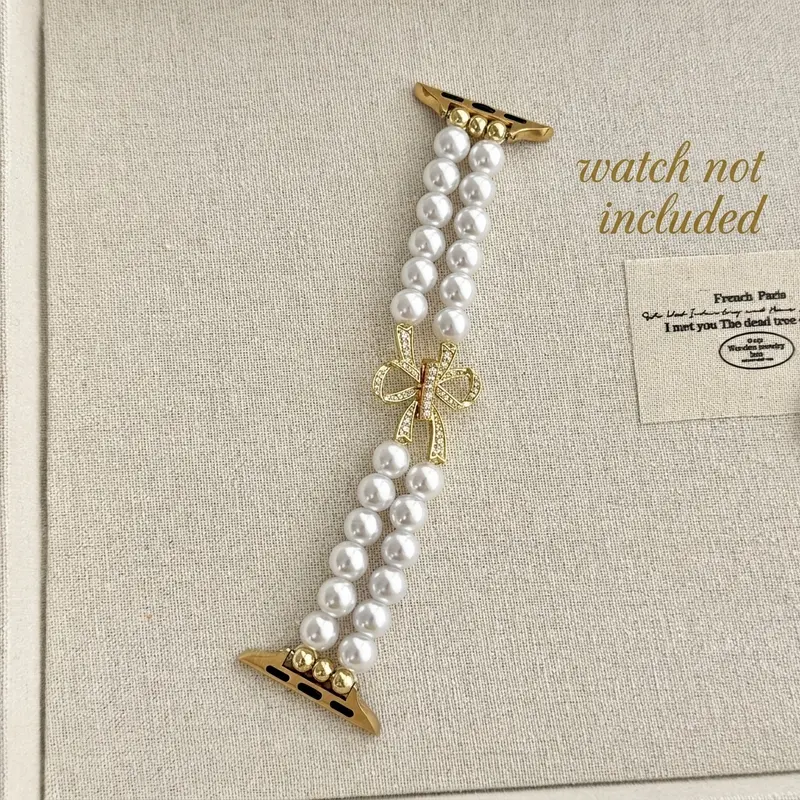 1PC fashionable pearl+metal bow Apple Watch bands, Smartwatch Accessory Band, compatible with Apple Watch 38/40/41/42/44/45/46/49mm, suitable for Apple Watch series Ultra/SE/11/10/9/8/7/6/5/4/3/2/1 (strap only, watch and case not included)