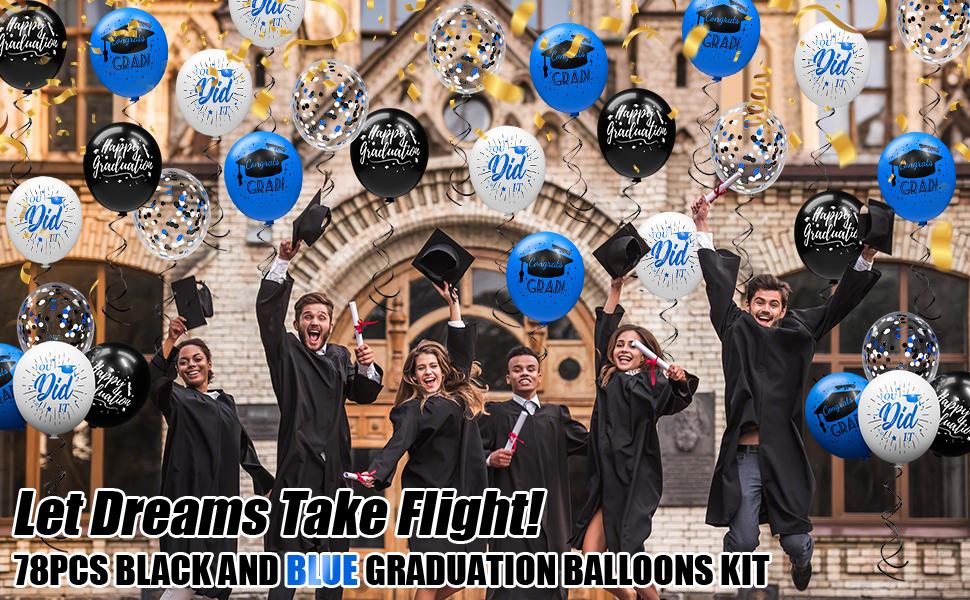 78 Pack Blue and Black Graduation Balloons Class of 2026 Graduation Decorations - 12 Inch Royal Blue White Congrats Grad Balloons with Ribbons, 2026 Grad Party Decorations for College, High School