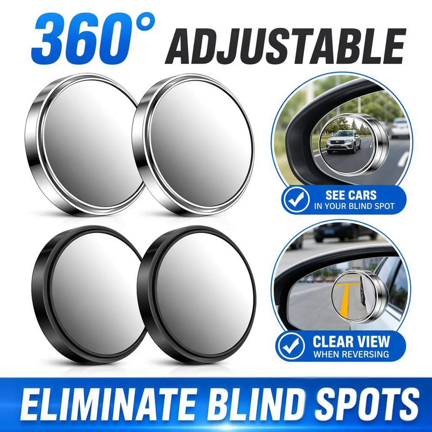 2-Pack 360° Rotatable Convex Wide-Angle Rear View Auxiliary Mirrors, Waterproof HD Glass Adjustable Blind-Spot Accessories for Cars, SUVs, Trucks, Silver & Black Options